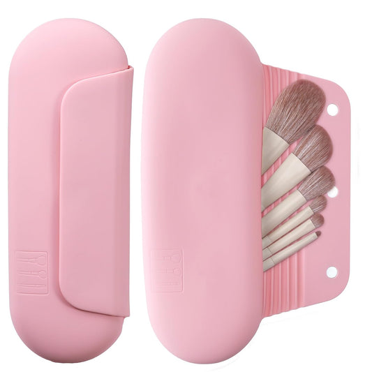 Silicone Makeup Brush Holder Travel Cosmetic Bag：Soft Portable Cosmetic Face Brushes Holder with Upgrade Anti-Fall Out Magnetic Closure, Large Travel Makeup Brush Case - Pink
