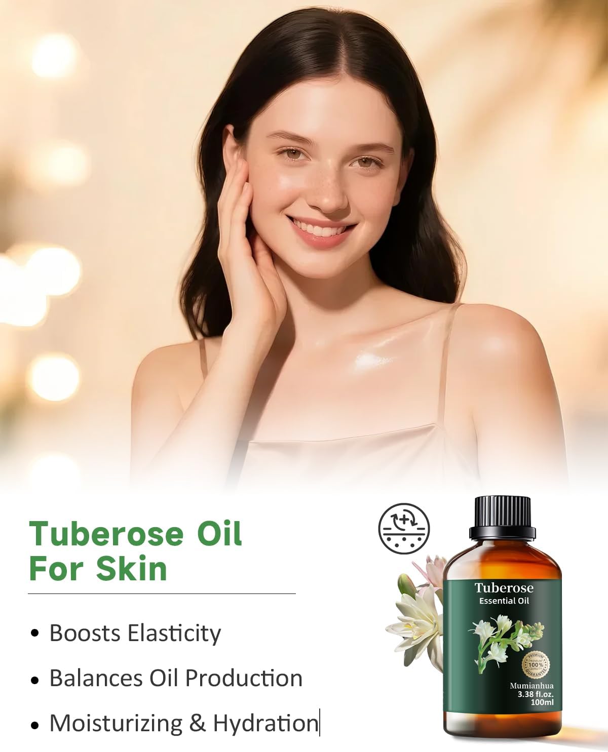 Mumianhua Tuberose Essential Oil 100% Pure Therapeutic Grade Natural Flower Tuberose Oil for Diffuser, Massage, Yoga, Skin,Hair, DIY Perfumes & Fragrance Candle Making Scents 3.38 Fl Oz