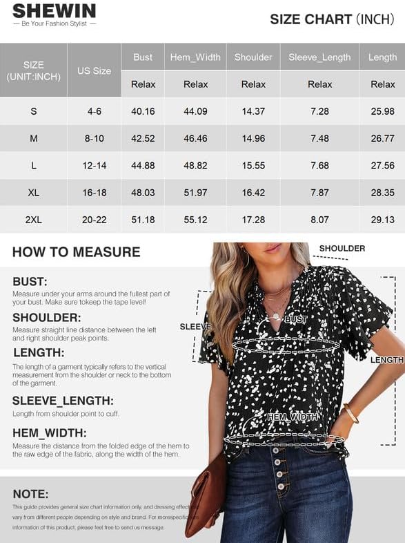SHEWIN Women's Casual V Neck Floral Print Smocked Short Sleeve Chiffon Blouses Bohemian Top Shirts
