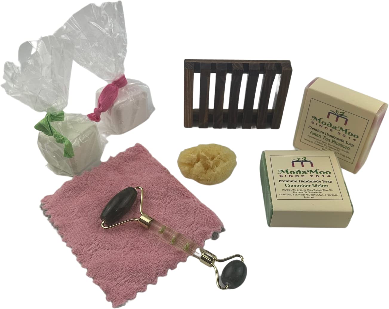 ModaMoo's Day Spa Gift Box Set. Cucumber Melon and Asian Tea Blossom Soaps, Jade Roller, Sea Sponge, and More