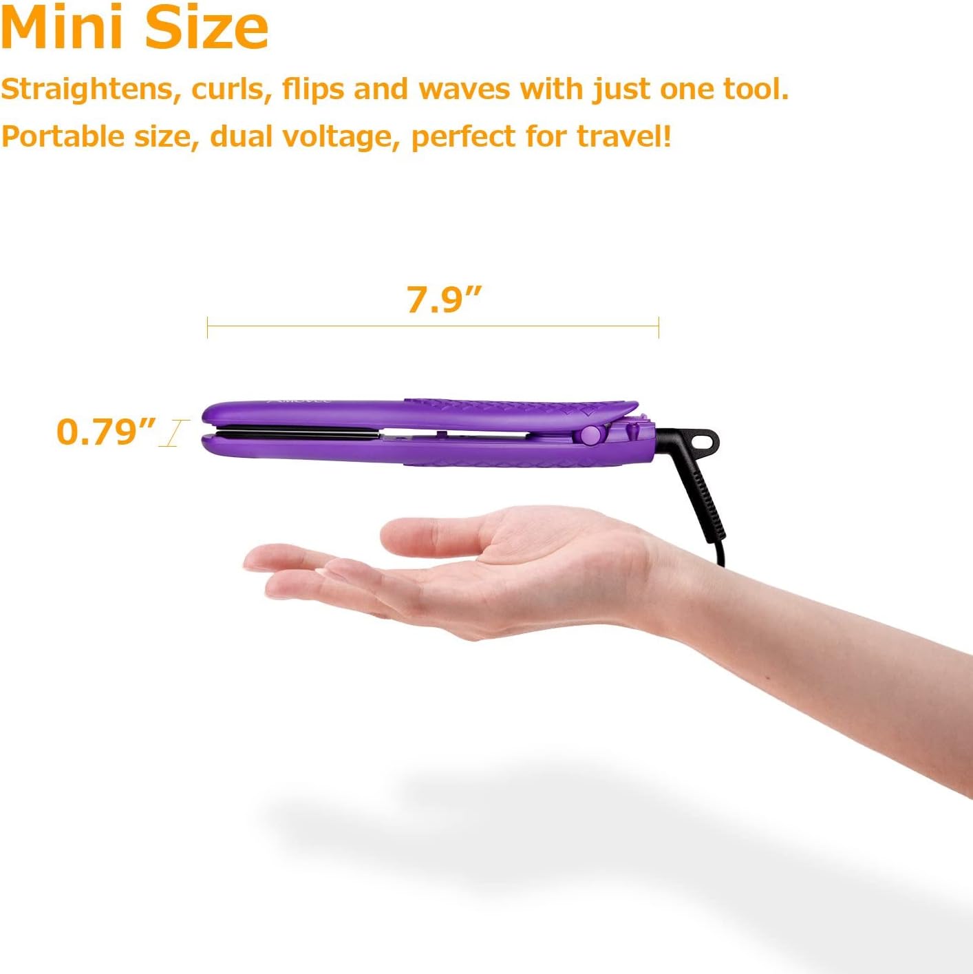 AmoVee Mini Flat Iron, 0.7 Inch Mini Hair Straightener, Small Flat Iron for Short Hair,Curls Bangs, Dual Voltage Travel Hair Straightener（Purple）