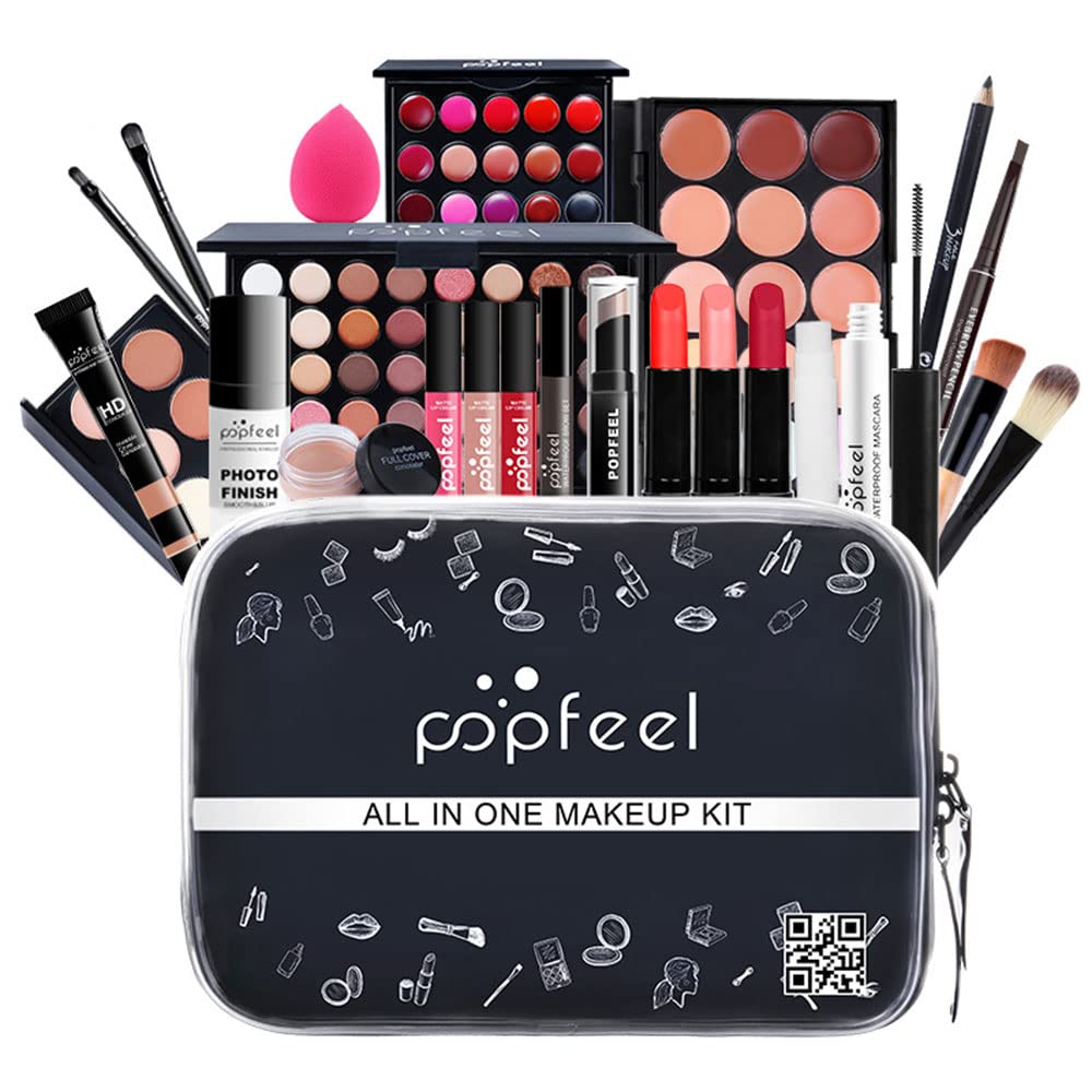 All In One Makeup Kit for Women Full Gift Surprise Makeup Set Includes Makeup Brush Set Eyeshadow Palette, Lip Gloss Set, Liquid Lipstick, Makeup Sponge, Foundation, Concealer, Eyebrow Pencil, Blush