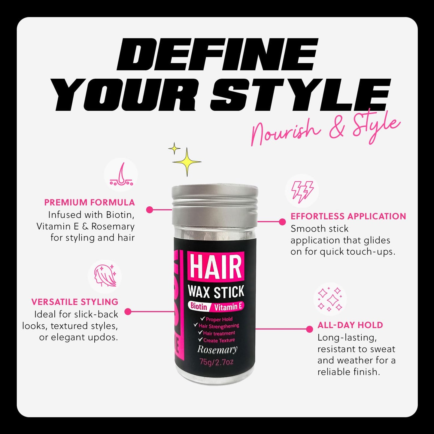 Hair Wax Stick 2.7 fl oz – Strong Hold, Tames Flyaways – Biotin, Vitamin E & Rosemary Formula – Hair Wax Stick for Men & Women, Slick Back Styles, Supports Healthy Hair for All Types