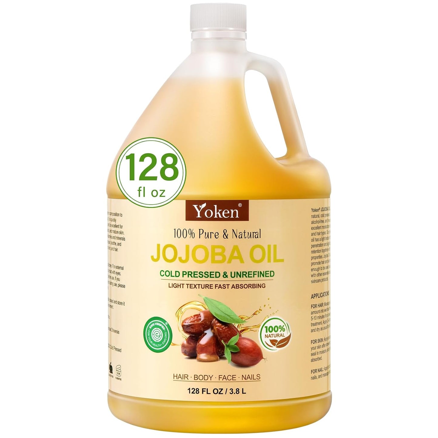 Yoken 1 Gallon Jojoba Oil EWG Verified - 100% Pure Jojoba Oils Bulk Cold Pressed Unrefined Hexane Free Virgin Golden jojoba Carrier Oil for Hair Skin Massage DIY Natural Body Moisturizer
