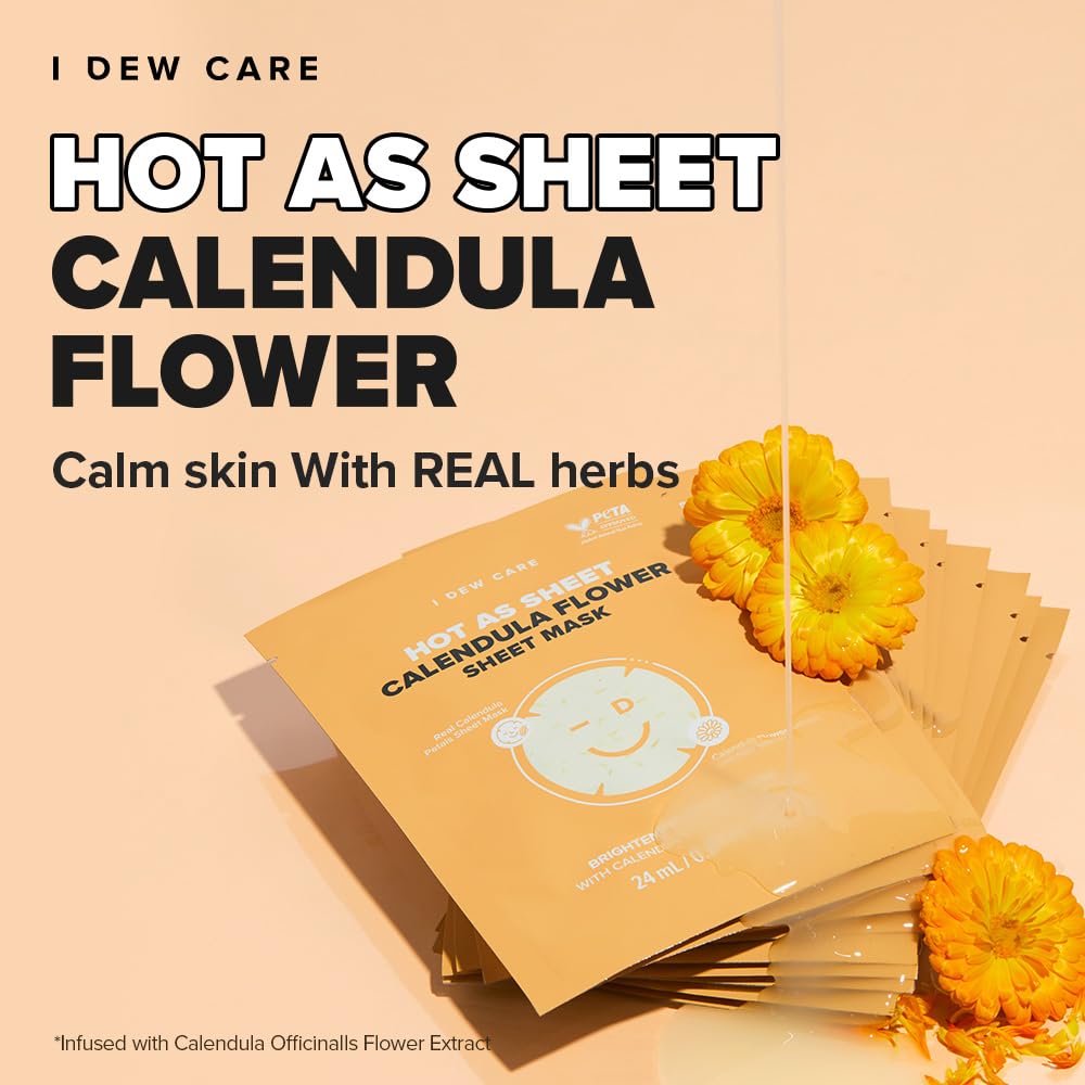 I DEW CARE Korean Glass Skin Real Herb Calendula Sheet Mask - Hot As Sheet Mask | Face Masks Skincare, Moisturizing and Calming for Dry Skin with Calendula Flower Extract, 2% Niacinamide, Kbeauty,10EA