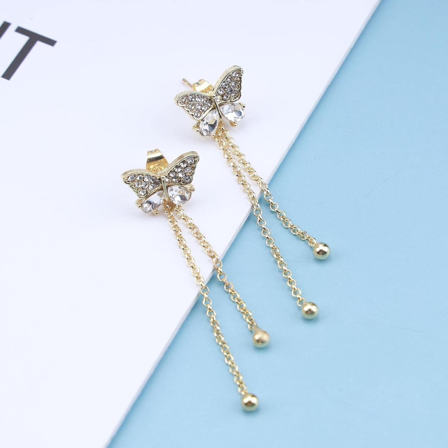 Vintage Crystal Butterfly Stud Earrings Gold Long Chain Earrings Thin Drop Chain Earrings Cz Paved Butterfly Earrings Retro Hanging Chain Earrings Jewelry for Women and Girls