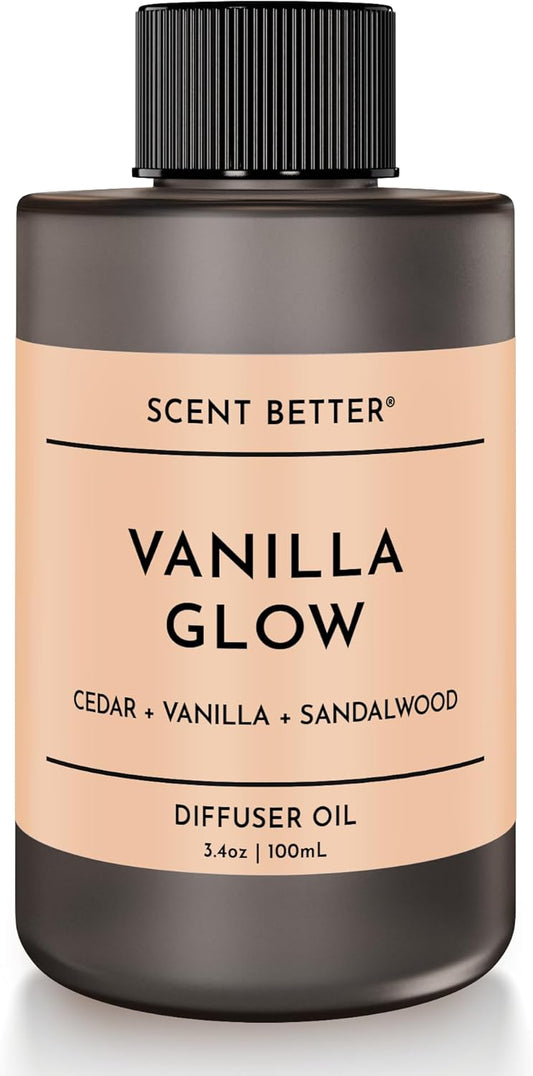 Scent Better Vanilla Glow Aroma Essential Oil Blend: an Aromatherapy Blend of Vanilla, Amber, and Sandalwood for Ultrasonic Diffusers & Nebulizers (3.3 Fl Oz, 100 mL)