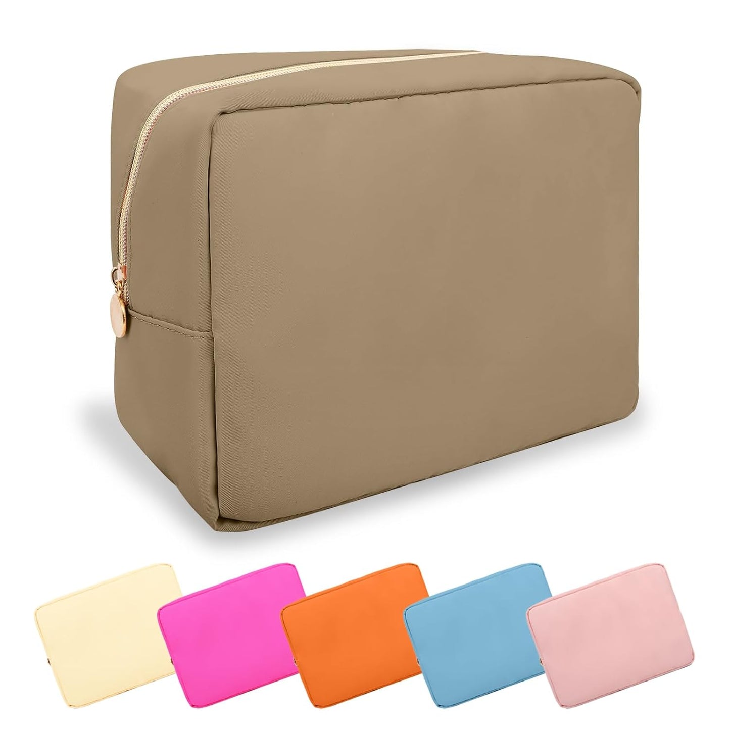 Large Makeup Bag Pouch,Nylon Women Travel Toiletry Storage Bag Preppy Cosmetic Bag for Girls,Big Makeup Organizer Bag Cute Zipper Pouch Skincare Bag for Sport Work Gift(Large-Khaki)