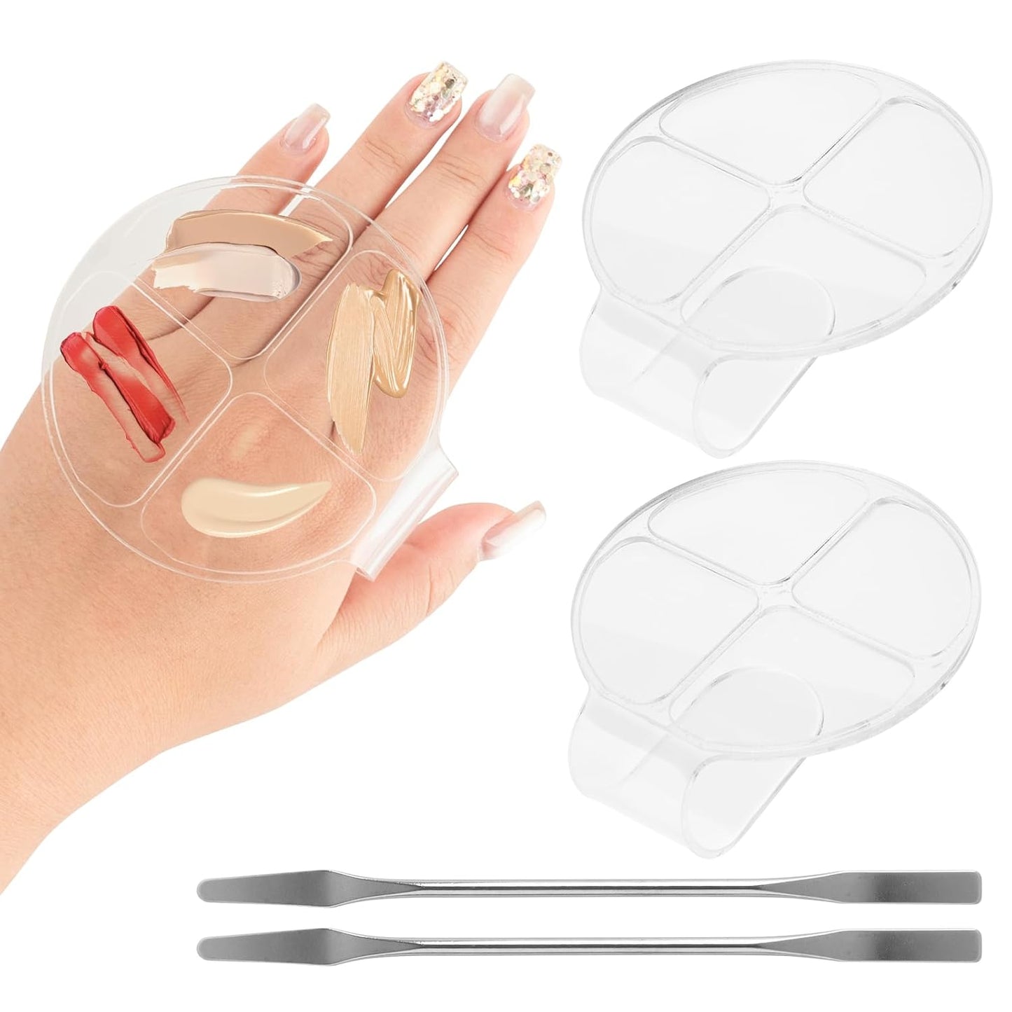 AUEAR, 2 Pack Hand Makeup Mixing Palette Handheld Palette Clear Makeup Cosmetic Palette Nail Art Manicure Palette with 2 Pieces Spatula for Mixing Foundation