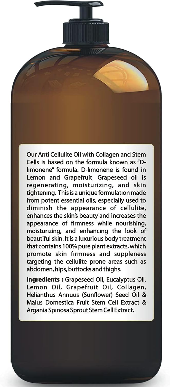 First Botany, Anti-Cellulite Massage Oil Infused with Collagen & Stem Cells - Natural Cellulite & Stretch Mark Treatment for Men & Women - 8 oz