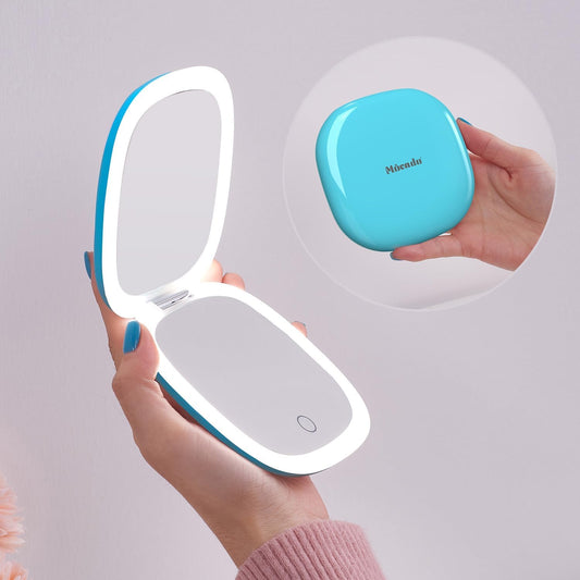 Mocado Compact LED Travel Makeup Mirror - 4 Inches 1X/10X Magnification Travel Mirror with Light Dimmable Double Sides Lighted USB Rechargeable Compact Mirror for Purse,Pocket,Travel(Blue)