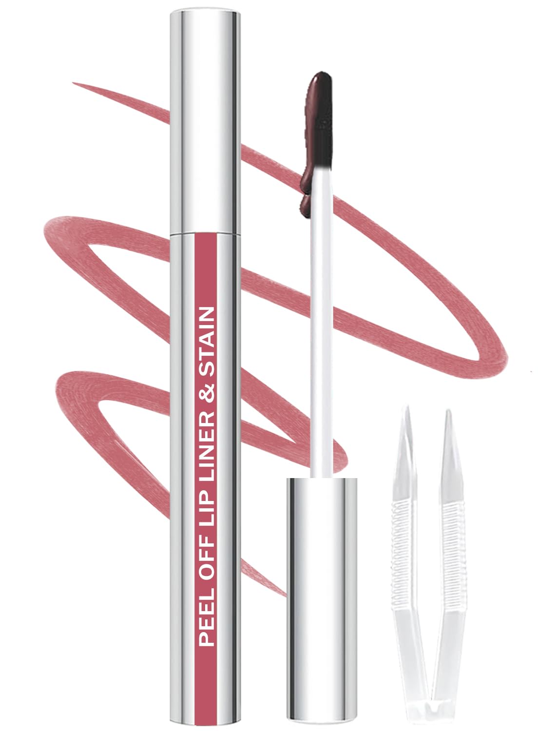 Lip Liner Stain Peel Off with Tweezer, Long Lasting Matte Lip Tattoo, Highly Pigmented Color Lip Makeup, Waterproof, Transfer-proof Lipstain for Women, Nude Pink