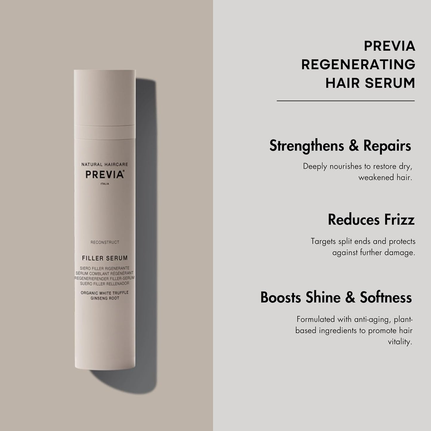PREVIA Regenerating Hair Serum for Dry Damaged Hair - Strengthens Repairs Split Ends & Frizz - Anti-Aging Hair Oil for Shiny Healthy Soft Hair - Nourishing Natural Ingredients for Hair Growth 3.38 oz