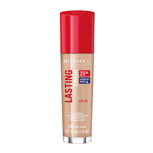 Rimmel London Lasting Finish 25HR - 200 Soft Beige - Foundation, 25-Hour Wear, Full Coverage, Waterproof, 1oz