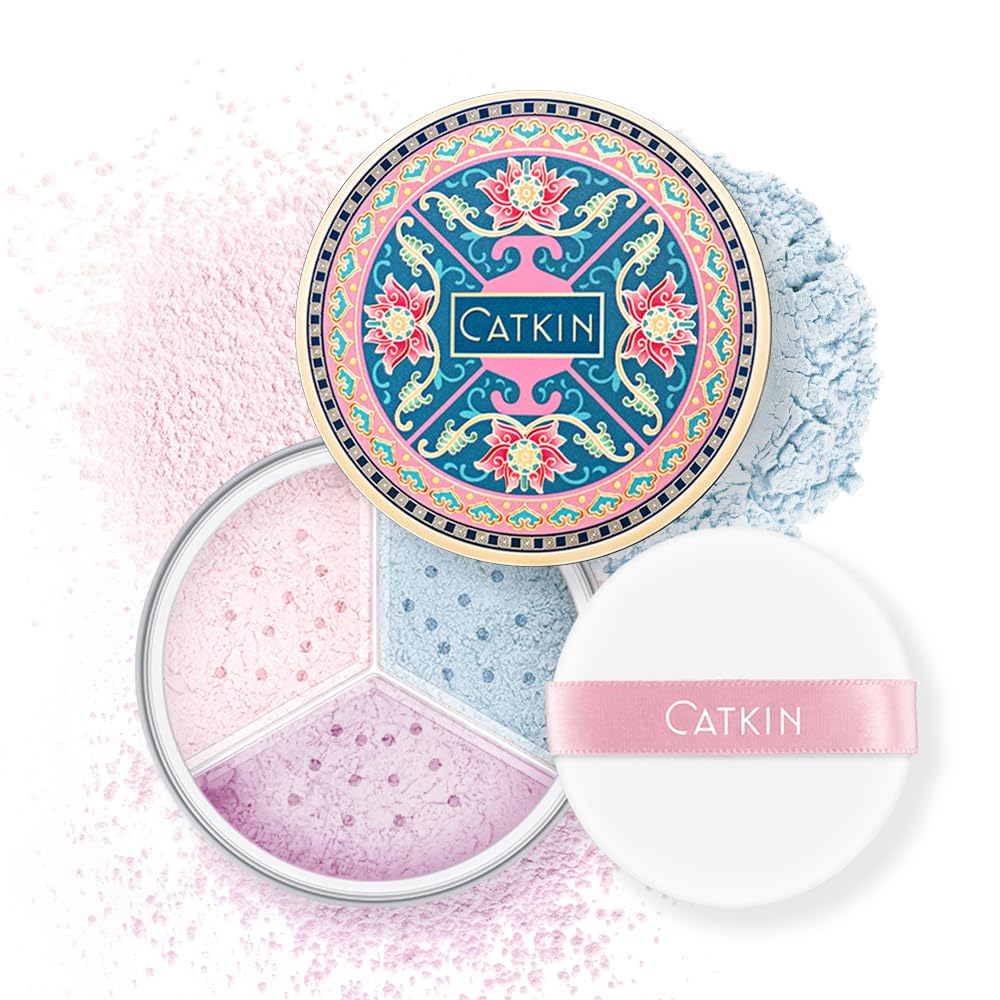 CATKIN Loose Setting Powder - Translucent Shimmer Finishing Powder, 3 Colors Even Skin Tone, Oil Control Makeup Pore Minimizing Powder with Velour Puff (0.42oz, C03 Shimmer for Dry Skin)