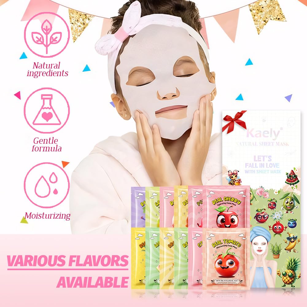 12 Pack Fruit Kids Face Mask,Pink Face Masks Skincare Spa Day Kit Supplies,Spa Party Favors for Teens Girls Women,Sheet Facial Mask Skincare Gifts Set,Moisturize Soothe for All Skin Types