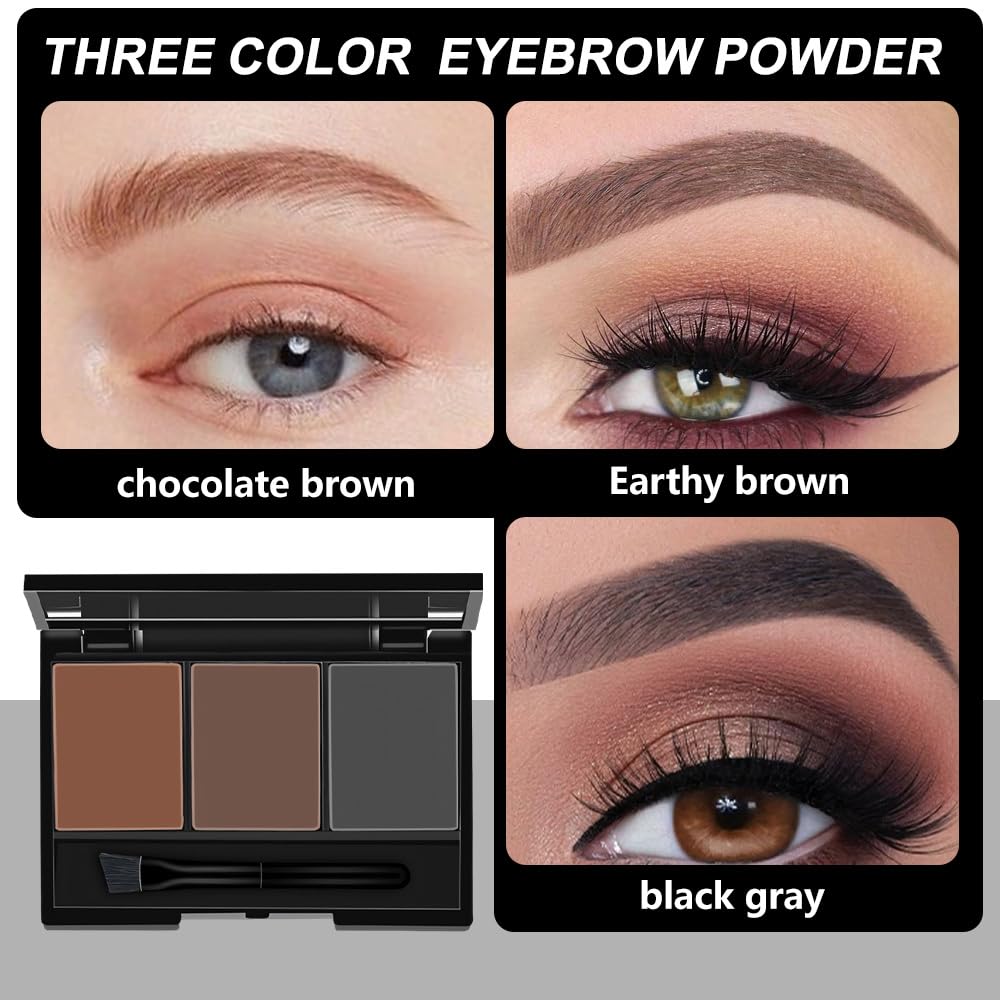 Brow Powder Kit – Long-Lasting 3-Color Brow Filler for Full, Defined Natural Brows, Contour Palette with Double-Ended Brush, sombra para cejas (03)