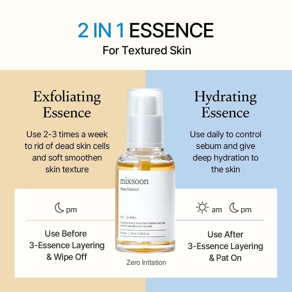 mixsoon Bean Essence, Vegansnail, Exfoliating Essence for face, Hydrating Korean Skin Care,Glassskin 1.69 fl.oz/50ml