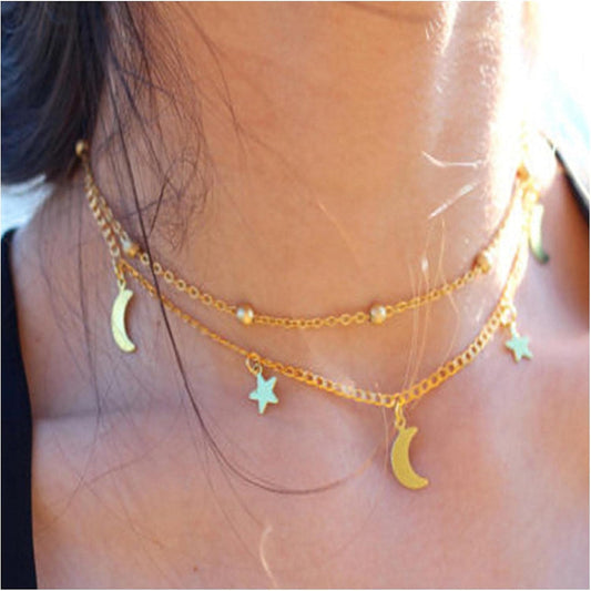 Boho Star Moon Necklace Choker Gold Layered Star Choker Necklace Crescent Moon Necklace Celestial Necklace Chain Festival Jewelry for Women and Girls