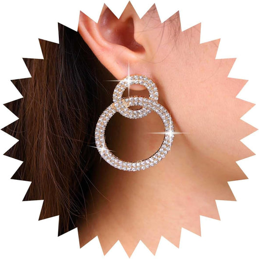 Vintage Crystal Circle Drop Earrings Double Circle Hoop Earrings Gold Cz Circle Dangle Earrings CZ Hollow Circle Earrings Jewelry for Women