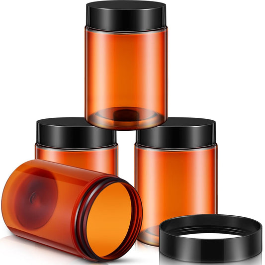 Patelai 4 Pieces Round Wide-mouth Leak Proof Plastic Container Jars with Lids for Travel Storage Makeup Beauty Products Face Creams Oils Salves Ointments DIY Making(10 Ounce,Amber)