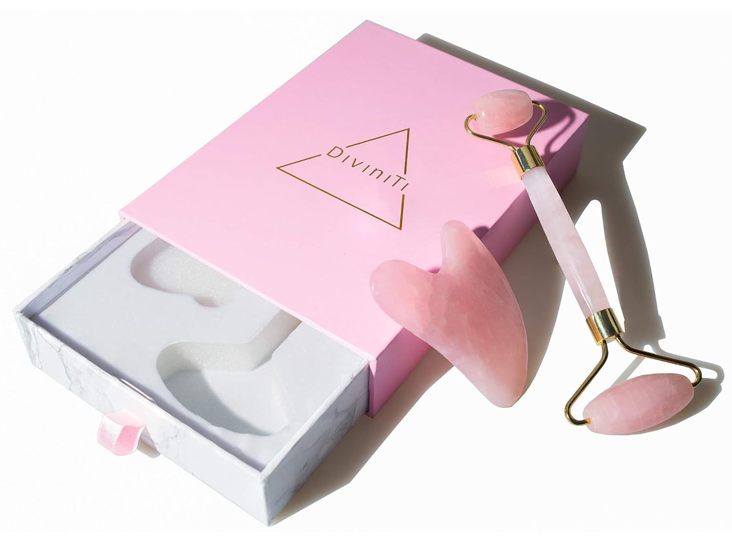 Rose Quartz Face Roller and Gua Sha Set - Face Roller Skin Care - Jade Roller and Gua Sha and Jade Roller for Face Rollers for Women Gifts - Rose Quartz Roller for Face Massage Roller DiviniTi