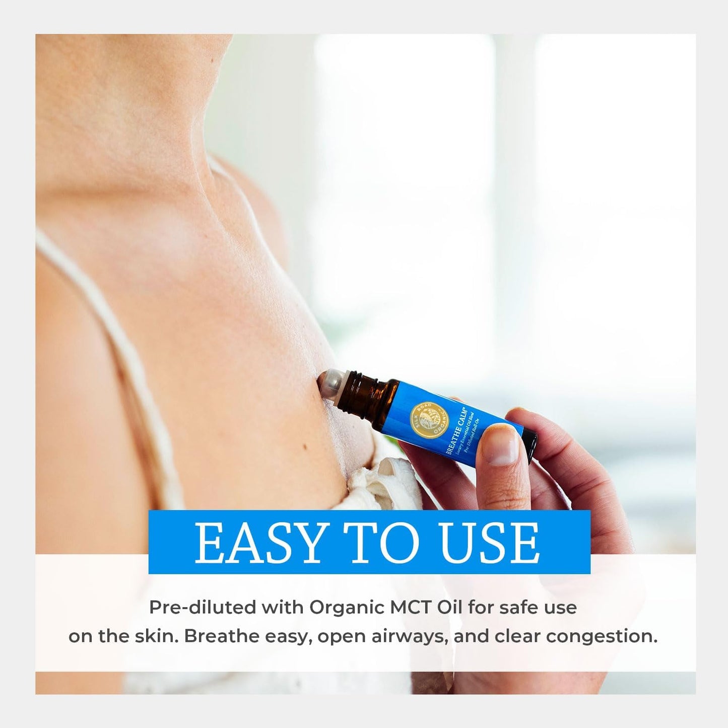 Silk Road Organic Breathe Calm Essential Oil Breathe Easy Blend Roll On, 100% Pure USDA Certified Aromatherapy for Cold, Cough, Congestion, Allergy Relief, & Wellness - 10 ml Roller