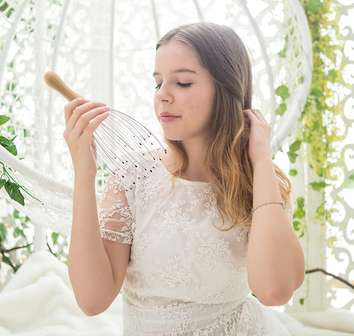 USAGA 32 Fingers Head Massager, Head Scratcher Scalp Massager for Scalp Body Relaxing Wood Handle (1 Pack)