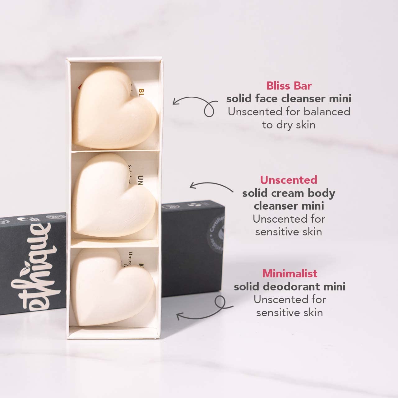 Ethique Unscented Gift Set- Face Cleanser, Body Cleanser & Deodorant, Gifts for women - Plastic-Free, Vegan, Cruelty-Free, Eco-Friendly, 3 Travel Bars, 1.59 oz (Pack of 1)