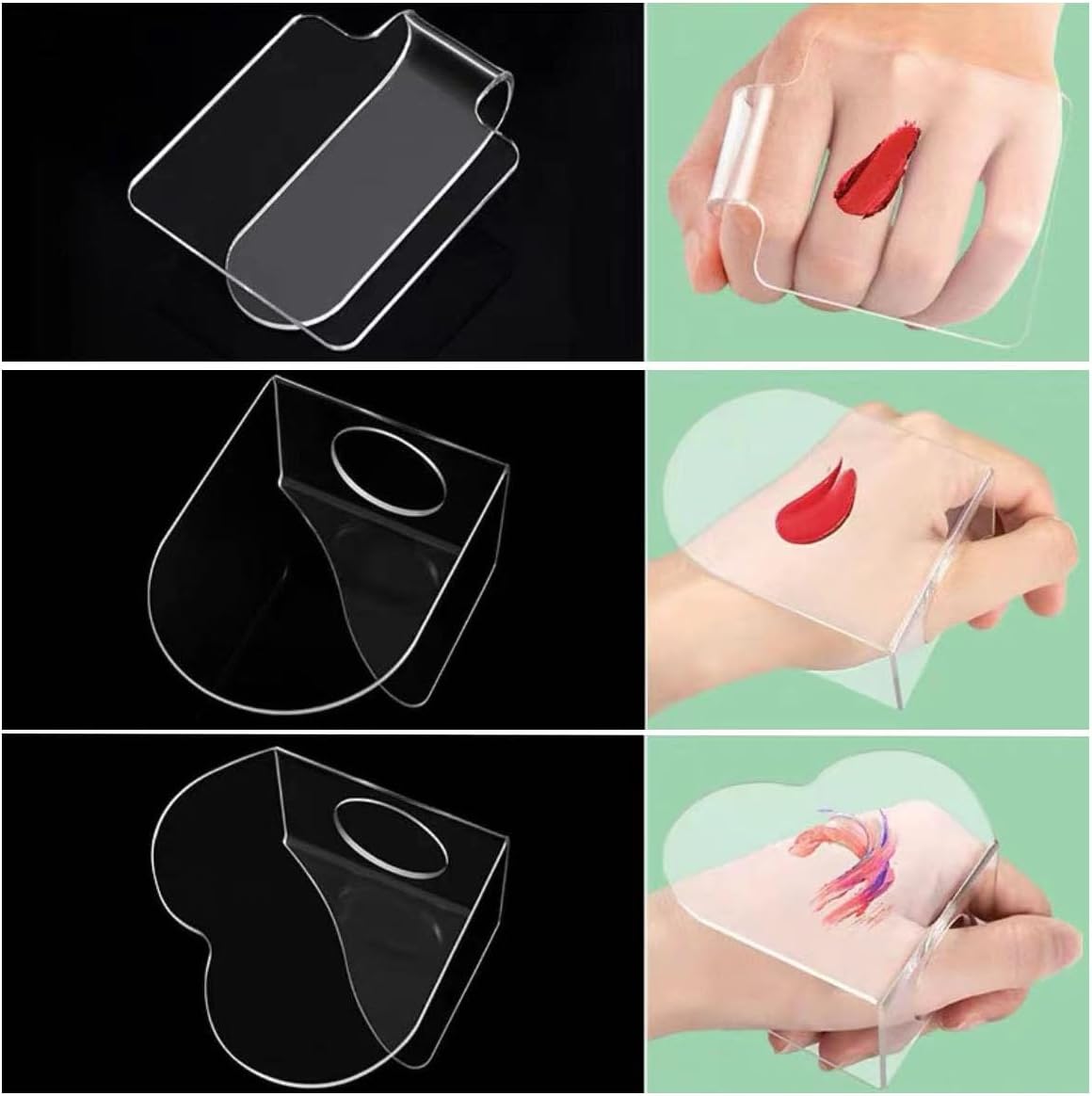 6 Pack Makeup Hand Acrylic Mixing Palette Mixing Tray with Spatulas for Mixing Foundation 3 Styles