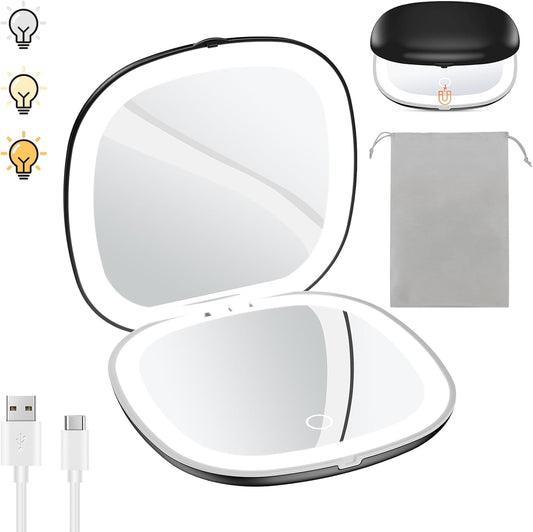 Benbilry 3.9" Rechargeable Compact Makeup Mirror with 3 Light Colors and Magnification 1X / 10X, Double Light Strip Dimmable Small LED Travel Mirror for Purse, Black