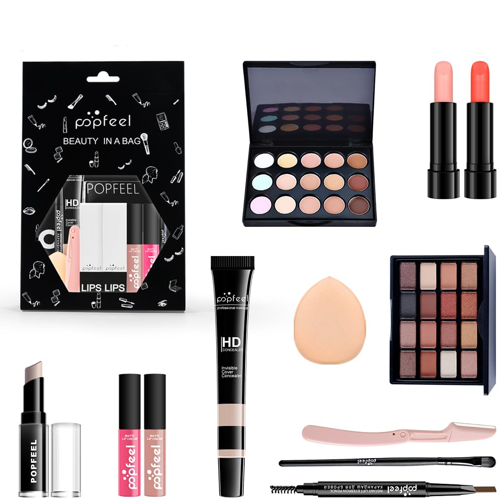 All in One Eyeshadow Palette Makeup Set, Makeup Kit with Earth Tone Eyeshadow Palette, Mascara, Concealer Palette, Lip Gloss,Travel Makeup Bundle Holiday Surprising Makeup Box for Women Girl