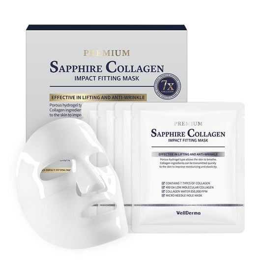 WELLDERMA Sapphire Collagen Impact Hydrogel Fitting Mask, 25g x 4 Sheets – Hydrating & Firming Micro-Hole Sheet Mask with Collagen Water 850,294ppm, Niacinamide & Peptides