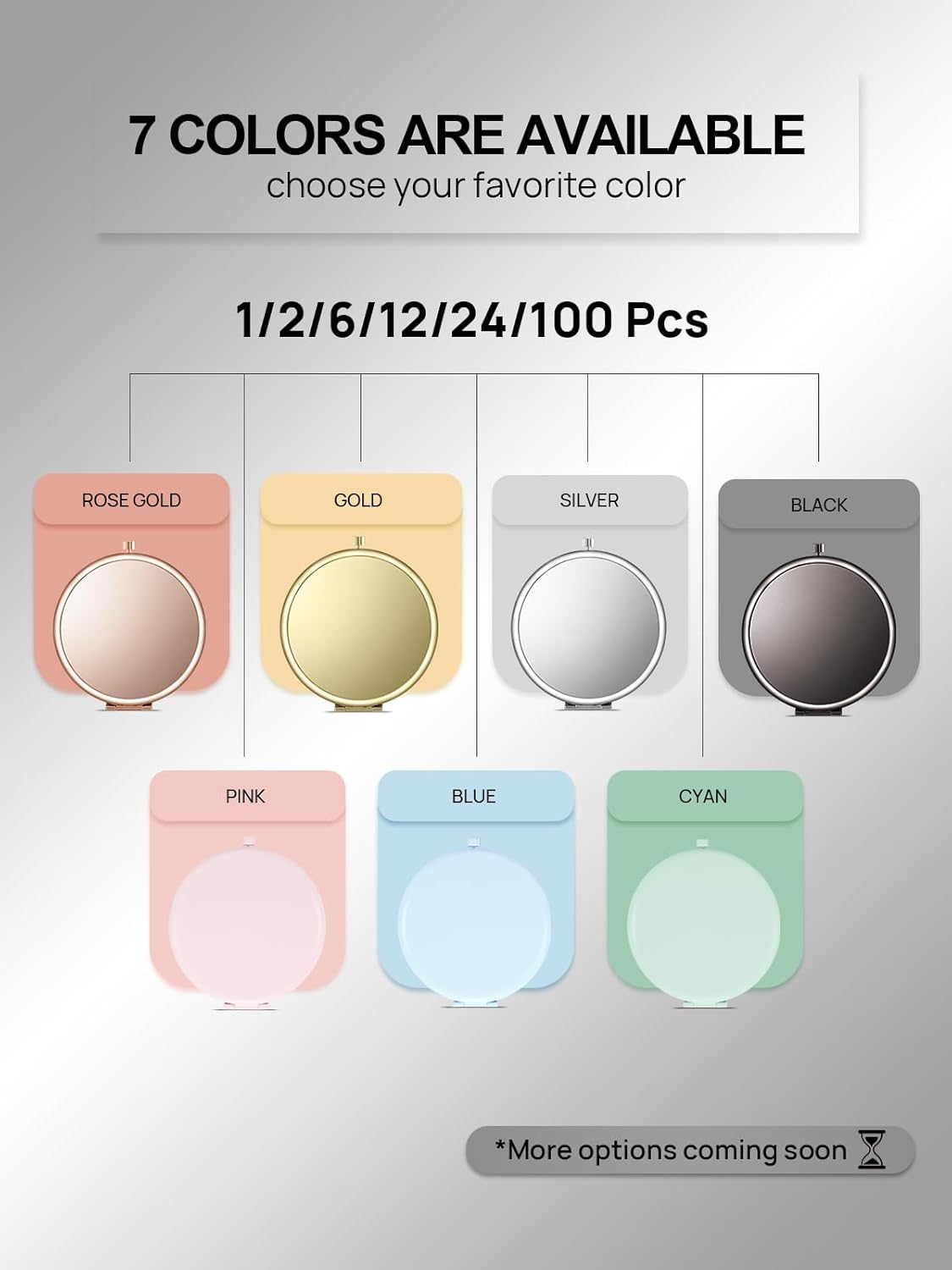 Compact Mirror Bulk, Pack of 6 Double-Sided 1X/2X Magnifying Metal Makeup Mirrors(Round, Onyx Black)