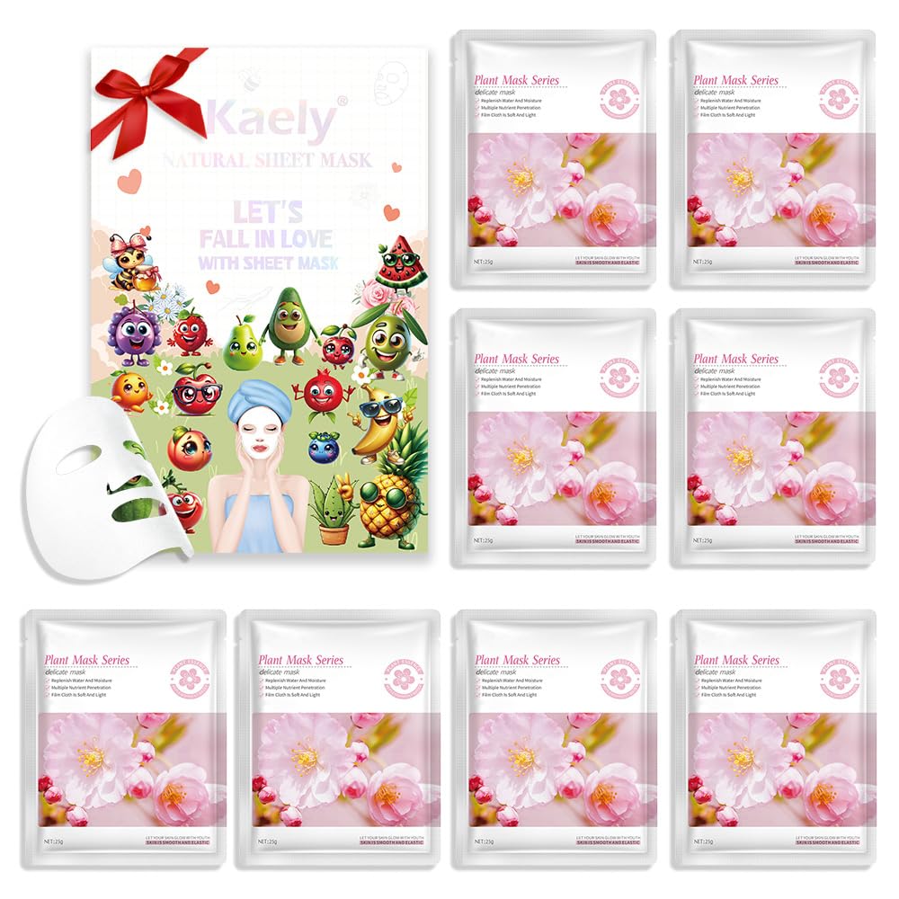 8 Pack Cherry Blossom Face Mask,Pink Face Masks Spa Day kit Supplies for Teens Girls Women,Sheet Facial Mask Skincare for Kids Gifts Set,Hydrate Nourish Soothe for All Skin Types,Spa Party Favors