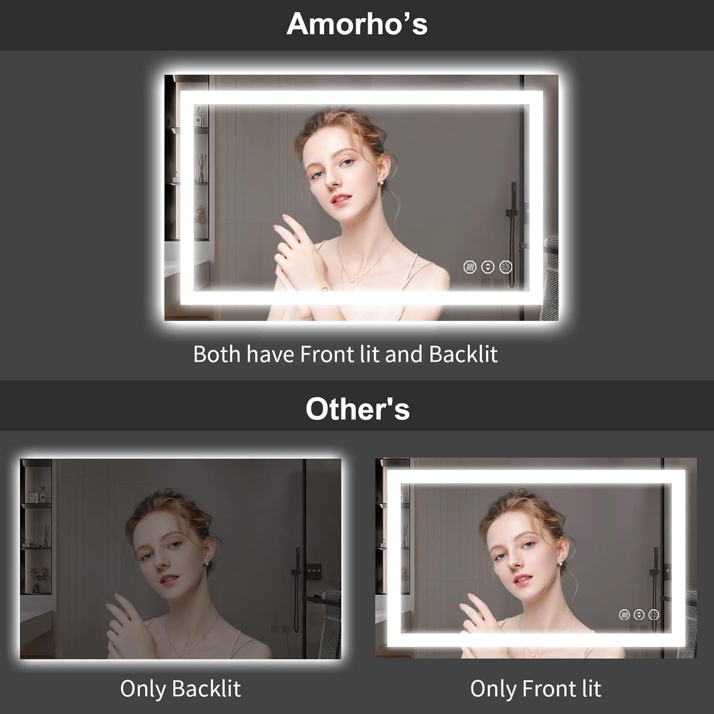 Amorho 72''x 40'' LED Mirror for Bathroom with Front and Backlight, Large Dimmable Wall Mirrors with Anti-Fog, Shatter-Proof, Memory, 3 Colors, Double LED Vanity Mirror