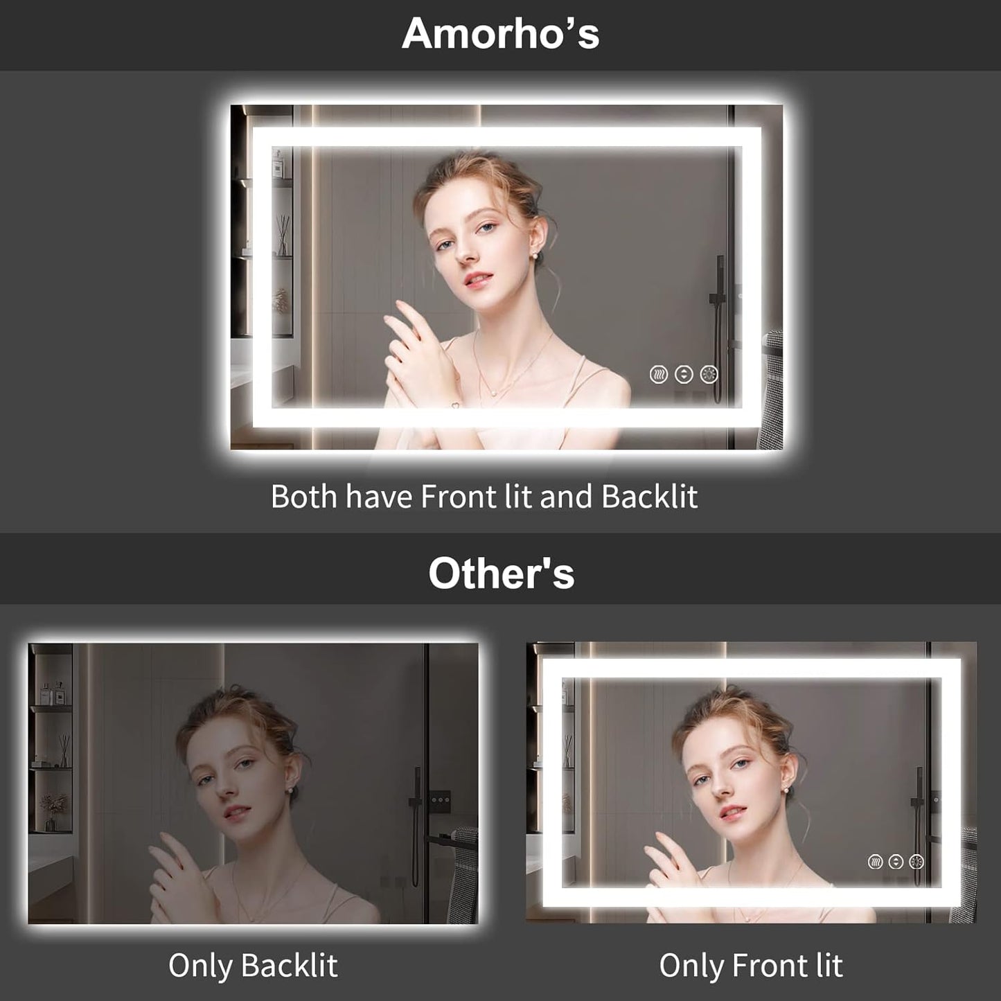 Amorho LED Bathroom Mirror 40''x 36'' with Front Light and Backlit, Stepless Dimmable Wall Mirrors with Anti-Fog, Shatter-Proof, Memory, 3 Colors, Double LED Vanity Mirror (Horizontal/Vertical)