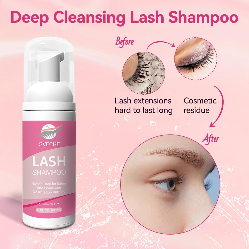 Lash Shampoo Kit, 2 fl.oz / 60ml Eyelash Cleanser, Lash Cleaning Kit with Brush, Eyelash Shampoo for Lash Extensions, Eyelash Remover for Salon and Home Use