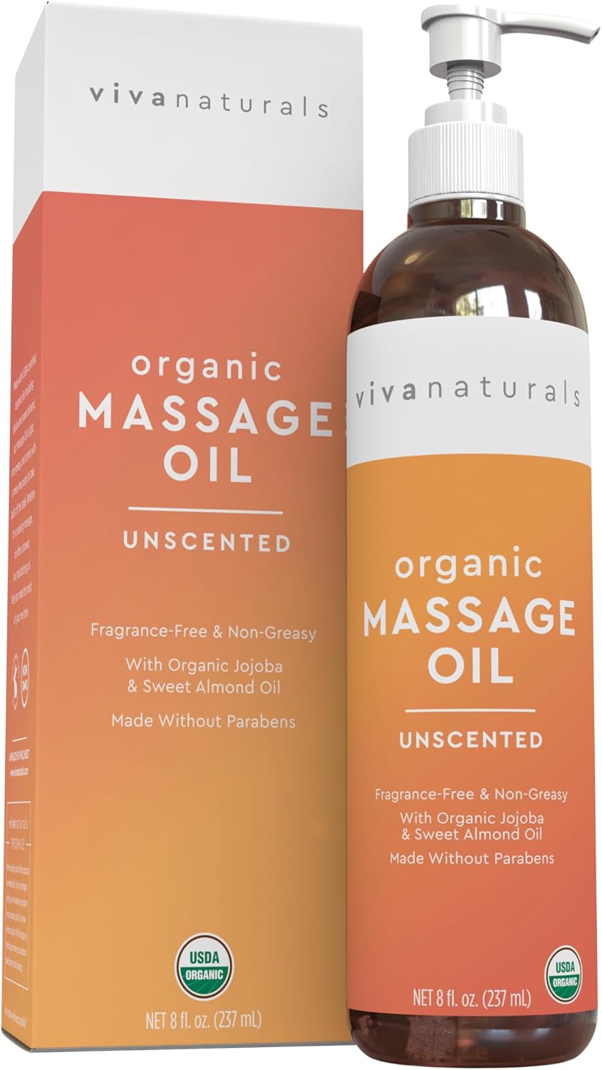 Viva Naturals Organic Massage Oil Unscented (8 fl. oz.) - Non-Greasy Body Oil with Mess-Free Pump, Moisturizing Massage Oils for Massage Therapy, Non-GMO and Certified Organic, 237 mL