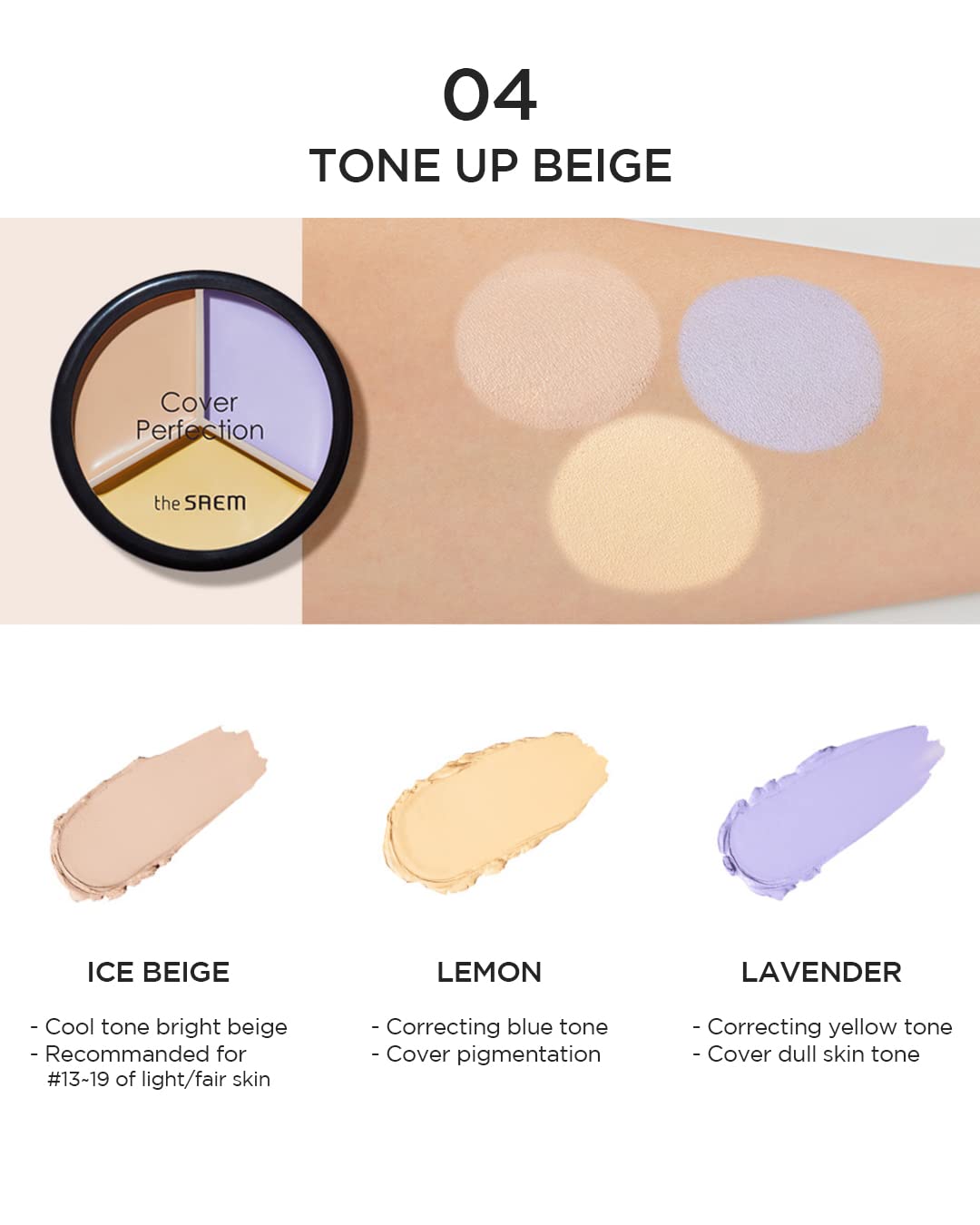 THESAEM Cover Perfection Triple Pot Concealer 03 Correct Up Beige + 04 Tone Up Beige - Fair to Light Skin Tone - 3 Color Full Coverage Concealer - Covers Pigmentation&Blemish Spots,Corrects Skin Tone