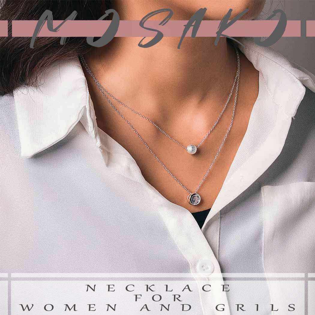 Layered Bead Necklace Chain Round Crystal Pendant Necklaces Jewelry for Women and Girls (Silver)