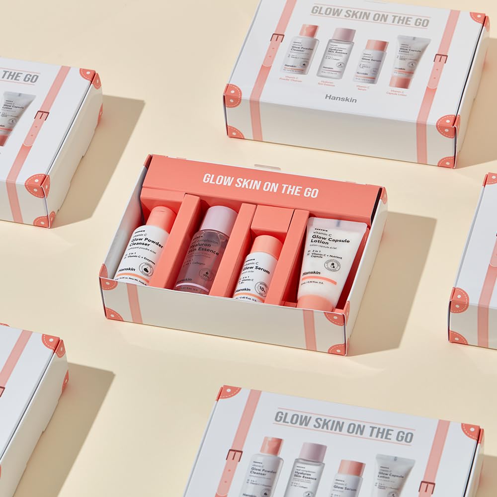 Hanskin Glow Skin On The Go Kit, Set of 4, Essential Travel Skincare Set for Glowing & Nourishing Skin on the Plane, Powder Cleanser Skin Essence and Facial Serum Cleansing Balm