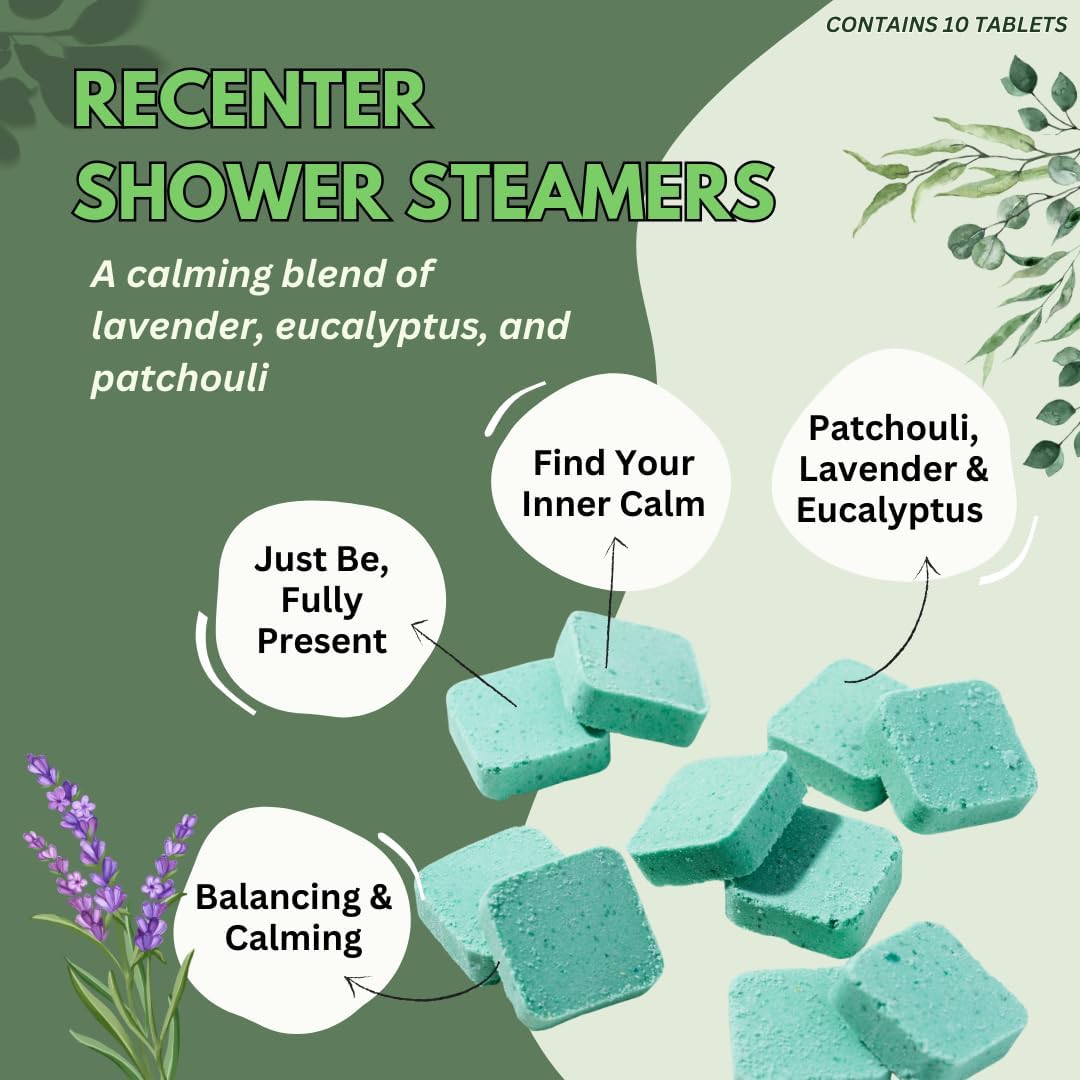 Recenter Shower Steamers Aromatherapy with Lavender and Eucalyptus Essential Oils, Aromatherapy Shower Bombs, Self Care Gift, Birthday Gift for Women, Bath Steamer for Women and Men