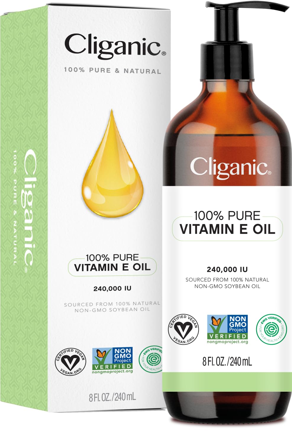 Cliganic Pure Vitamin E Oil for Skin, Scars, Hair & Face 240,000 IU (8oz), Non-GMO Verified | Natural D-Alpha Tocopherol