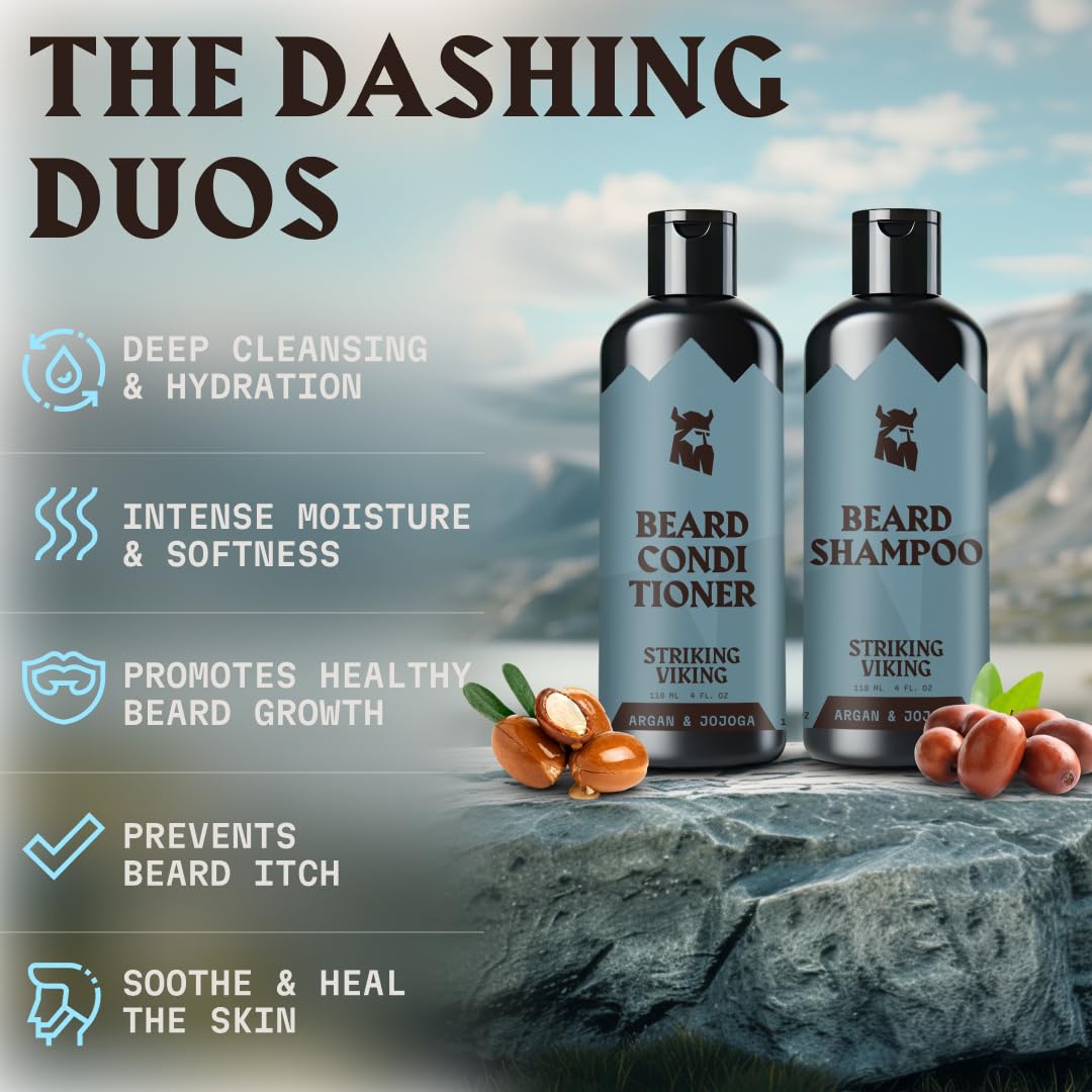 Striking Viking Beard Shampoo and Conditioner Set – 4 Fl Oz Each, Fresh Masculine Scent - Beard Wash and Conditioner for Men - Cleanses & Softens, with Argan & Jojoba Oil - Sulfate & Paraben Free