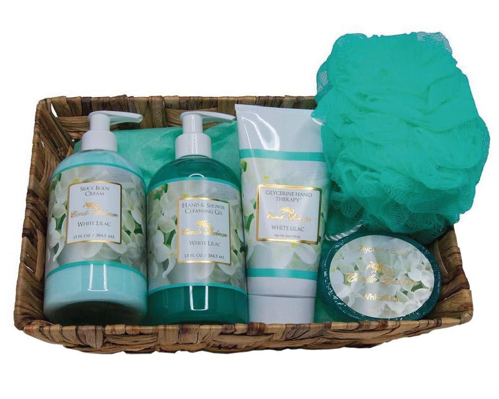 Camille Beckman Essentials Gift Basket, White Lilac, Glycerine Hand Therapy 6 oz, Silky Body Cream 13 oz, Hand and Shower Cleansing Gel 13 oz, Glycerine Soap 3.5 oz