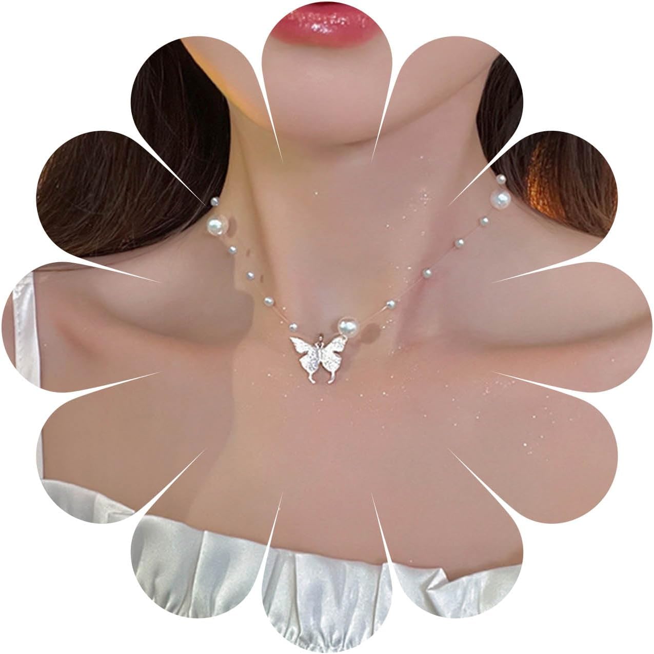 Boho Butterfly Pendant Necklace Choker Vintage Pearl Butterfly Necklace Invisible Line Chain Pearl Necklace Statement Bridal Pearl Satellite Chain Necklace Jewelry for Women