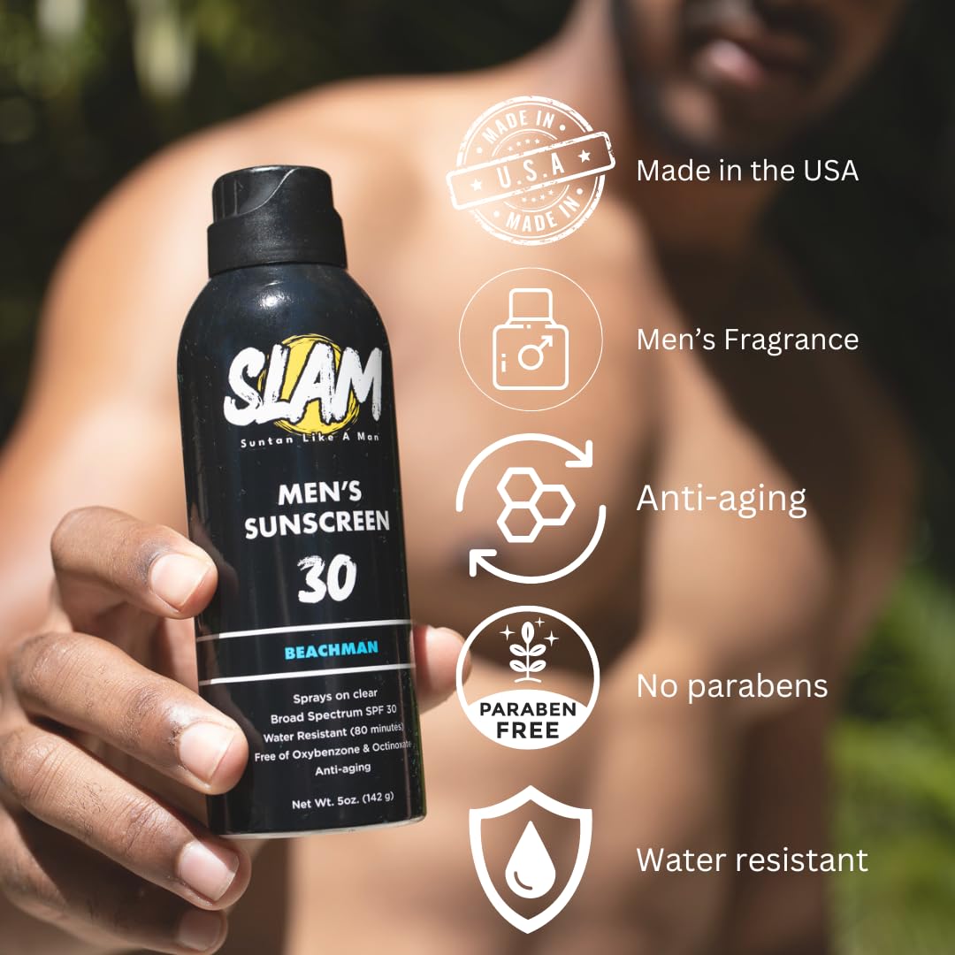 SLAM BeachMan Men's Scented Sunscreen Spray SPF 30 – Broad Spectrum Sun Screen for Face & Body, Water & Sweat Resistant Spray Sunscreen SPF 30, UVA/UVB Protection, Mens Sunblock