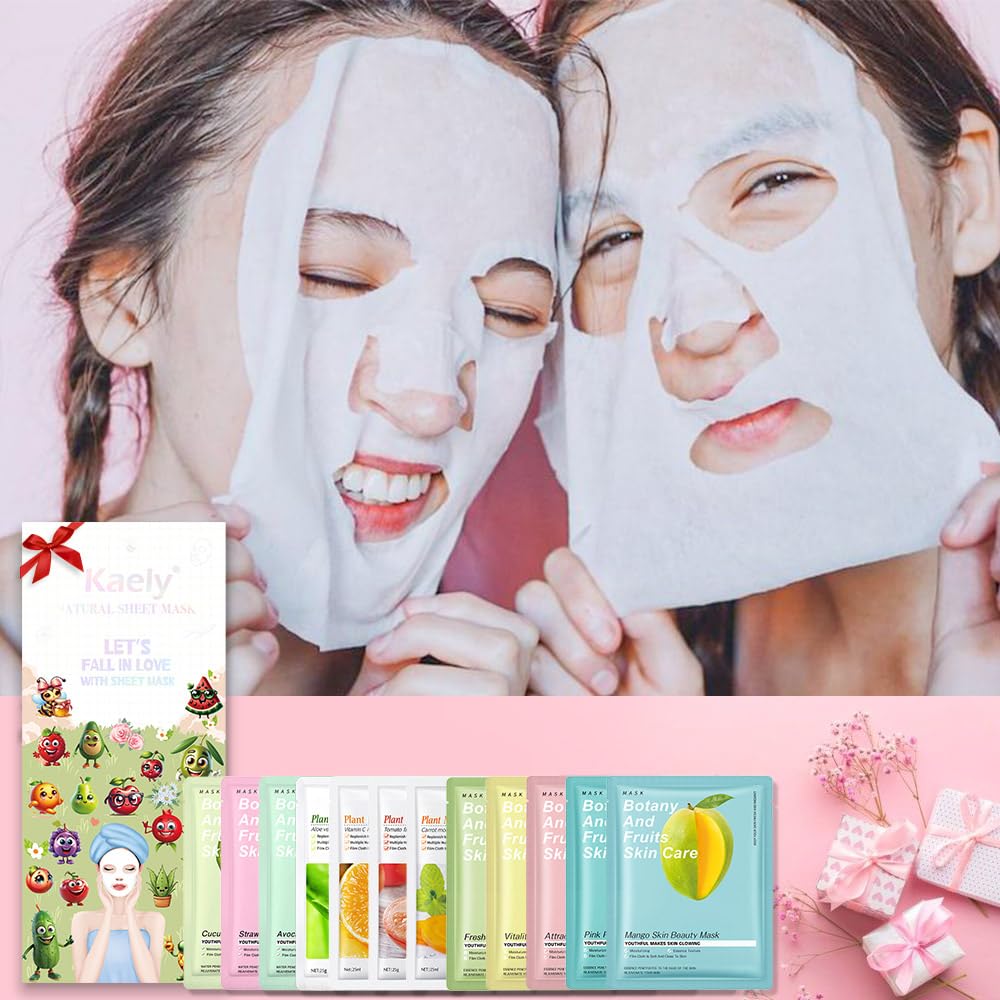 12 Pack Various Fruits Face Sheet Mask Skincare,Hydrating Face Mask For Sensitive Skin,Moisturize,Soothing,Nourish for All Skin Types,Natural Spa Party Facial Mask Skincare Set for Women Men Girls