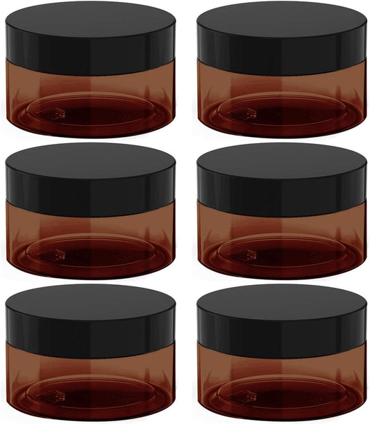 8 oz Amber Plastic Cosmetic Jars Leak Proof Container with Black Lid for Cream, Lotion, Powder, ointment, Beauty Products etc, 6 Pcs.